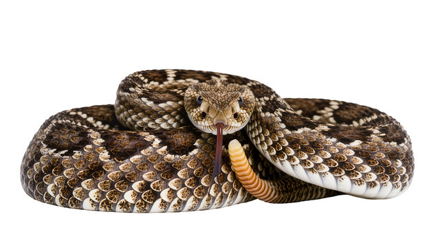Isolated rattlesnake curled up and looking at camera with tongue out, venomous reptile