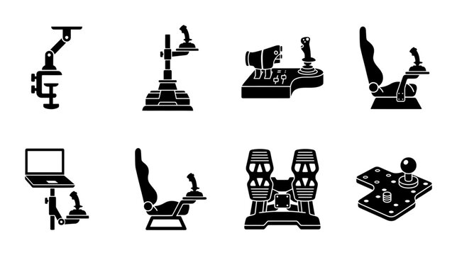Gaming Simulators, Flight Joysticks, Racing Wheels, and Control Panels, Vector Icons Set