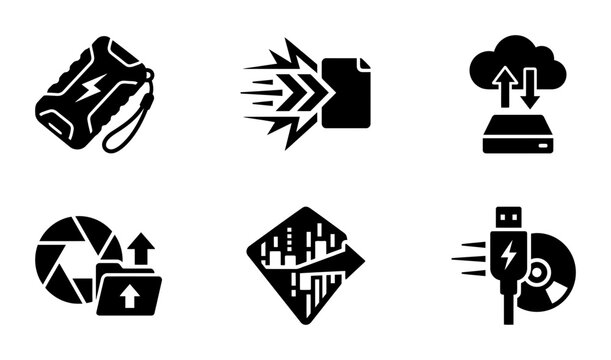 Data Transfer Icons: Power Bank, File Upload, Cloud Storage, USB Drive, CD-ROM, Digital Data Flow