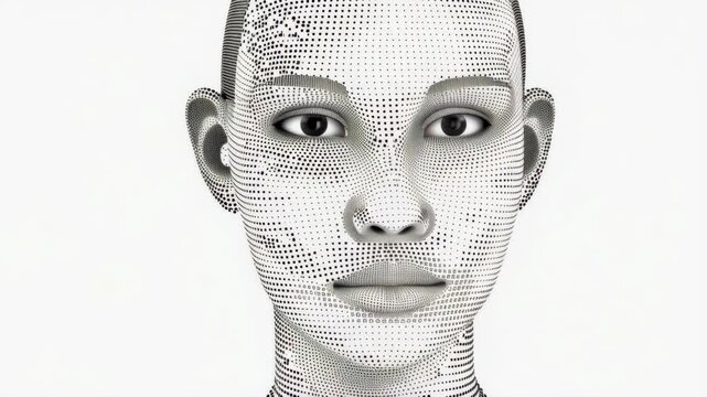Artificial intelligence humanoid face forming animation isolated on white