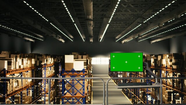 Green screen monitor in warehouse storage facility with no people present, computer showing chroma key on the fulfillment center platform, Tracking numbers highlighting cargo handling.