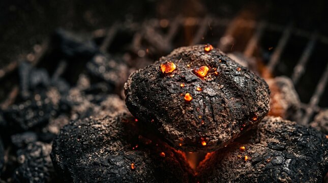 Close-up of glowing charcoal briquettes on a barbecue grill, featuring intense orange embers and dark charred textures with visible sparks.