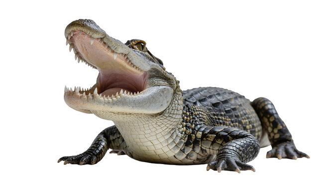 Isolated young alligator with its mouth wide open, revealing sharp teeth and powerful jaws