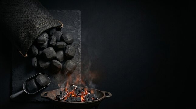 Charcoal briquettes spill from a burlap sack onto slate next to a brazier with glowing embers and smoke, set against a dark background.