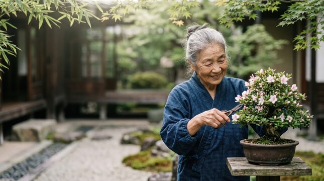An elderly woman trims a flowering bonsai tree in a serene Japanese garden.