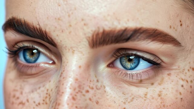 Close-up of a young woman's blue eyes with freckles and perfect eyebrows
