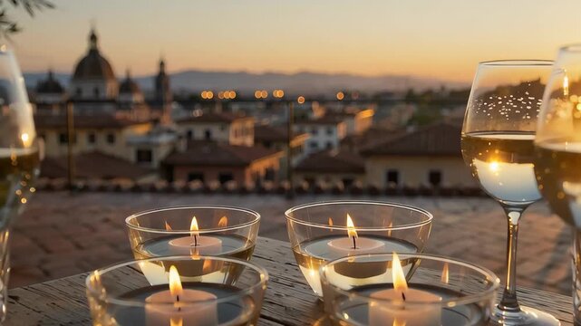 Romantic dinner table with wine and candles at sunset overlooking florence