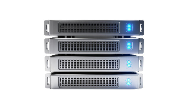Isolated rack servers with glowing blue lights, modern network and data storage hardware