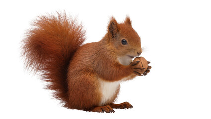 Fototapeta premium Isolated red squirrel standing and holding a walnut, furry animal portrait with bushy tail