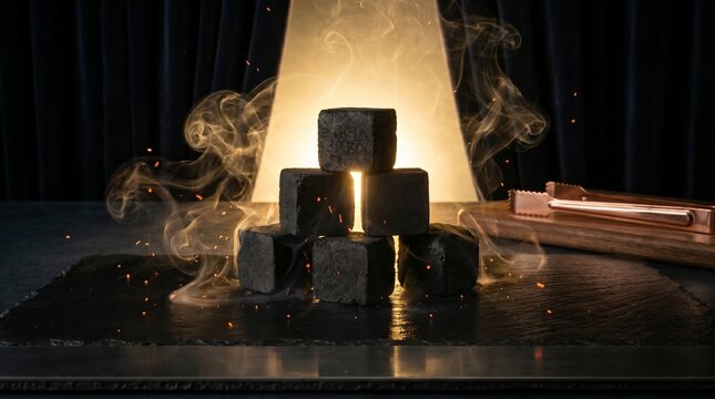 Dramatic shot of hookah charcoal cubes stacked in a pyramid, surrounded by smoke and sparks under a bright backlight on a slate surface.