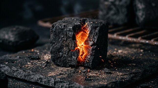 A glowing charcoal cube split open to reveal intense orange embers and flying sparks on a dark, textured surface with a background metal grill.