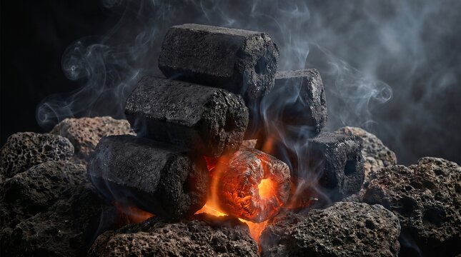 Burning hexagonal charcoal briquettes stacked on rocks, emitting smoke and a warm orange glow against a dark, atmospheric background.