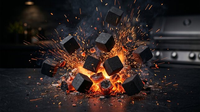 Dynamic action shot of black charcoal cubes exploding from a fire with intense orange sparks and thick smoke against a dark background.