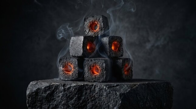 A pyramid of glowing charcoal cubes with hollow centers, emitting wisps of smoke, stacked on a dark, textured rock against a dark background.