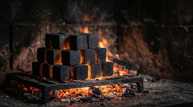 A stack of glowing charcoal briquette cubes burning on a metal grate inside a stone fireplace, producing intense heat and warm orange light.