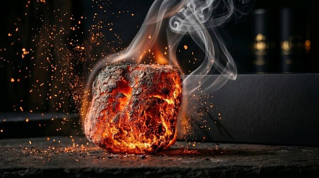 A close-up of a glowing hot coal briquette emitting smoke and sparks against a dark, moody background, showcasing intense heat and texture.