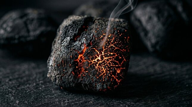 A macro shot of a glowing charcoal briquette with intense orange embers visible through deep cracks and a delicate wisp of smoke rising.