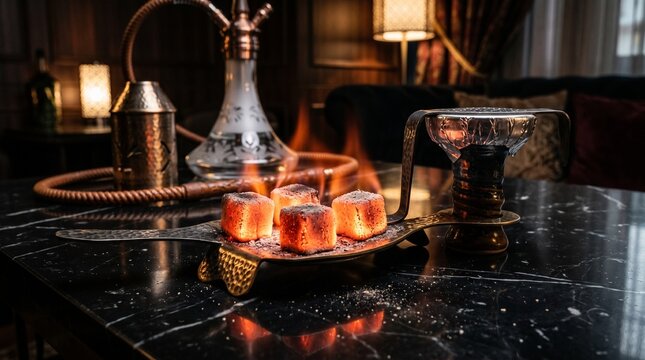 Glowing charcoal cubes burn on a decorative metal tray in a luxurious lounge with a shisha pipe and elegant interior in the background.