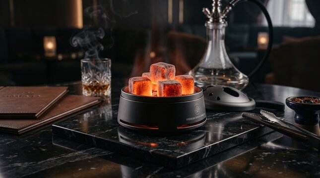 Glowing orange hookah coals in a heater on a dark marble table, with a glass of whiskey, menus, and a hookah in a luxury lounge setting.