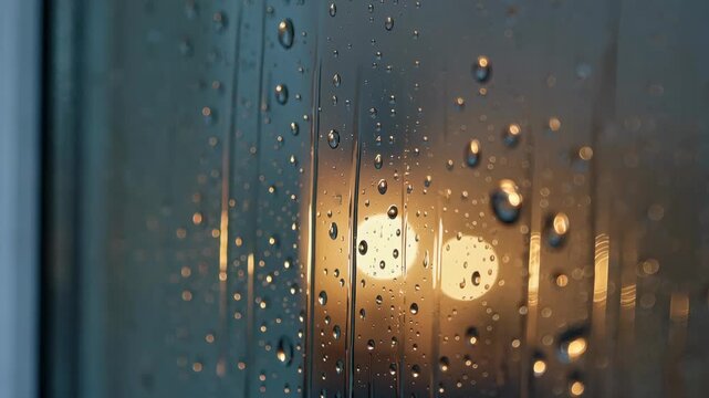Raindrops sliding down window with blurry city lights