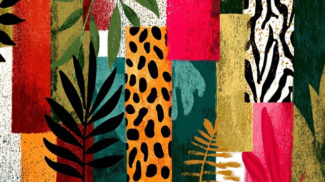 A vibrant and colorful abstract artwork featuring various animal prints and leaf patterns