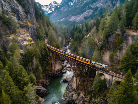 Train crossing old trestle bridge over mountain river