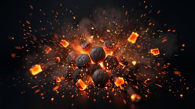 Explosive shot of glowing hexagonal charcoal briquettes emitting bright orange sparks and hot embers against a dark, smokey background.