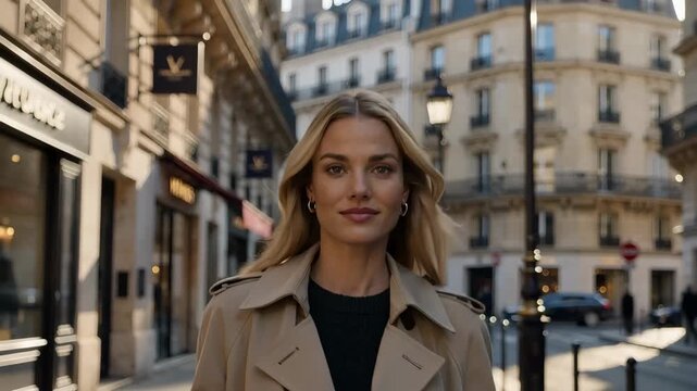 Confident blonde woman walking in a parisian street