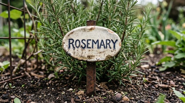 A weathered sign marks a rosemary plant growing in a garden bed. The sign is oval-shaped and handwritten with the word ROSEMARY in dark lettering. The rosemary plant is green and bushy.