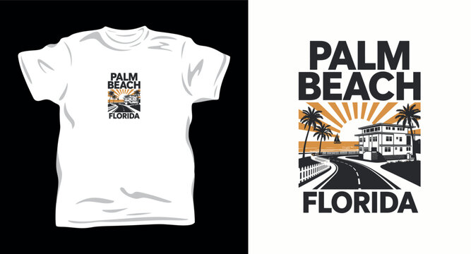 Palm beach florida souvenir t shirt design with coastal landscape illustration of road beach house and palms.