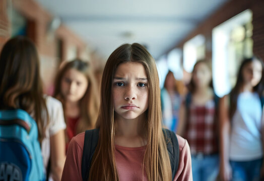 Upset unhappy teenage girl feeling excluded at school, friendship struggle and bullying concept, problem