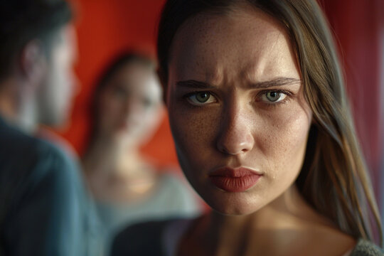 Jealous woman feeling rejected while boyfriend talks to another woman, relationship jealousy concept
