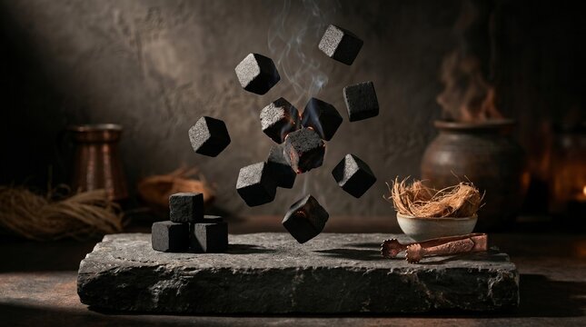 Cinematic shot of floating charcoal cubes, some glowing with embers and smoke, above a stone platform in a dark, rustic environment.