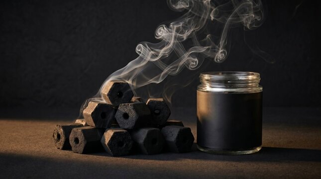 A pile of hexagonal charcoal briquettes emits thin curls of white smoke next to a dark glass jar with a black label in a moody studio setting.