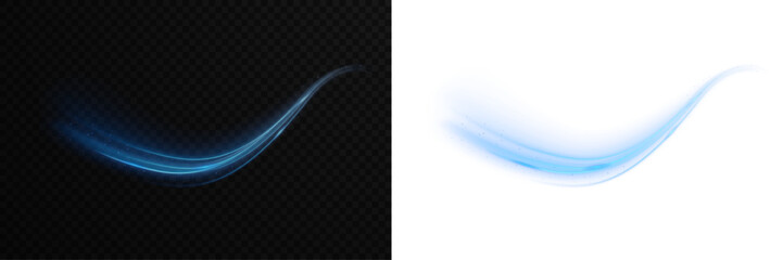 Dynamic neon swirls with sparkling curves and glowing rays. Glistering trail with light energy and flash beams. Abstract blue motion lines PNG image isolated on transparent background. © Даниил Москаленко