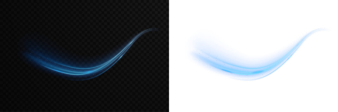 Dynamic neon swirls with sparkling curves and glowing rays. Glistering trail with light energy and flash beams. Abstract blue motion lines PNG image isolated on transparent background.