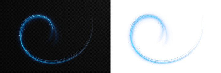Glow, shimmer, sparkle, and magic twist in a soft blue swirling light waves. Abstract neon motion line trail and cosmic energy loop overlay PNG image isolated on transparent background. © Даниил Москаленко
