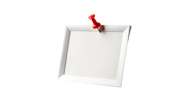 Isolated empty white picture frame pinned by red thumbtack for your custom message.