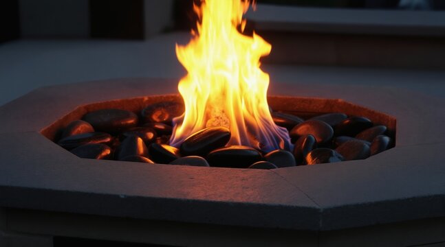 Fire pit with glowing flames burns on outdoor patio terrace. Modern stone hearth with dark pebbles provides warmth and ambiance for evening relaxation and social gatherings.
