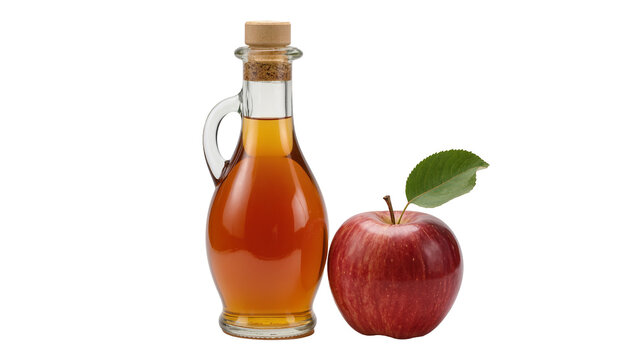 Isolated glass bottle of natural apple cider vinegar and fresh red apple with leaf