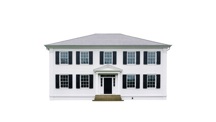 Isolated white two-story house with black shutters, gray roof, and elegant front entrance © Lucas