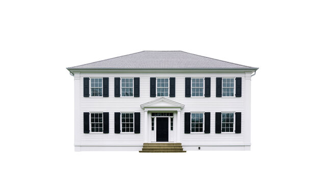 Isolated white two-story house with black shutters, gray roof, and elegant front entrance