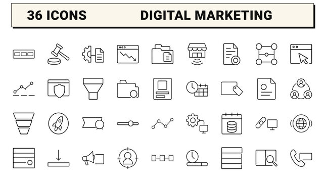 Search engine marketing line icon set. Vector pictograms of paid advertising, conversion analytics, campaign optimization, and keyword bidding elements, thin linear illustration.