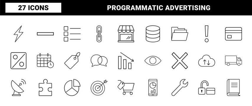 Programmatic advertising line icon set. Vector pictograms of marketing, analytics, campaigns, and media elements, thin linear illustration.