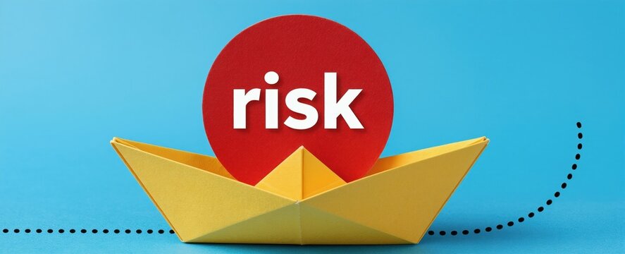 Yellow paper boat carrying red circle with word risk. Navigating dotted line path away from danger. Concept for avoiding risk and finding safe solutions.