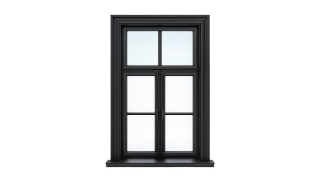 Isolated elegant dark window frame with multiple panes, classic design for architecture