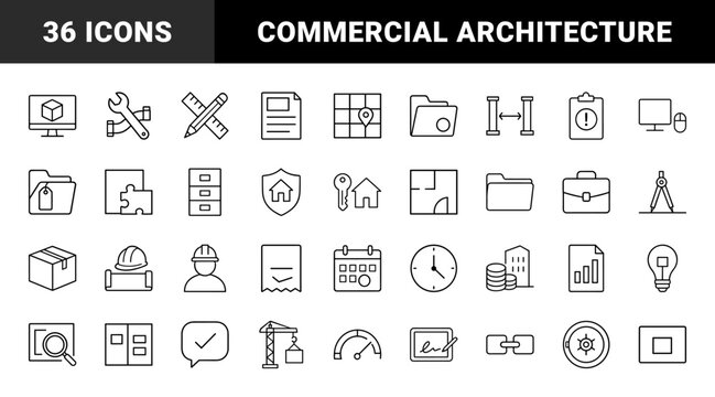 Architecture business workflow line icon set: vector pictograms of construction project management, blueprint documentation, client contract, and structural planning elements.