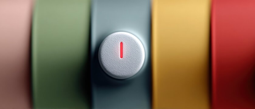 Close-up of a button with a vertical red indicator light, surrounded by colored bands