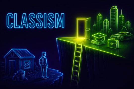 Neon illustration of social inequality with split cityscape and ladder between poverty and wealth