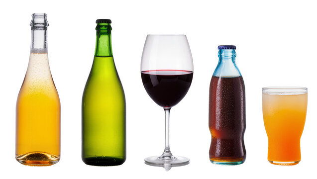Isolated diverse cold alcoholic and non-alcoholic drinks in bottles and glasses for refreshment